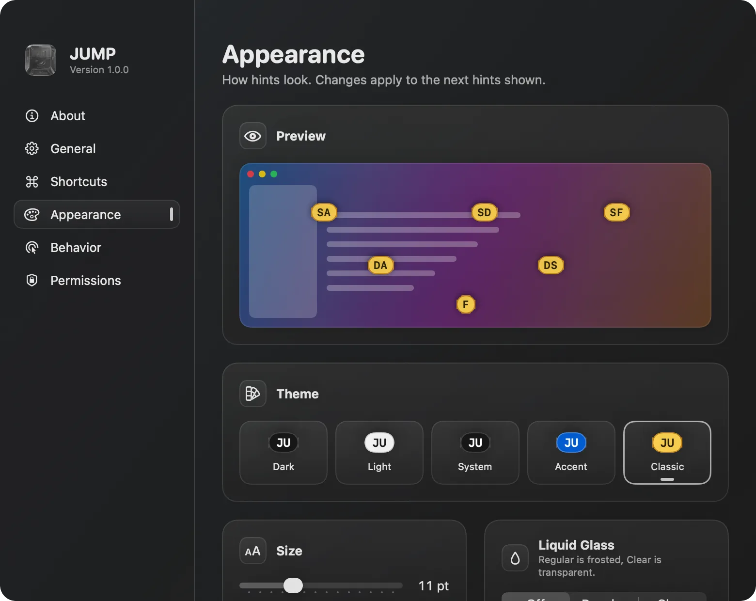 Appearance settings: a live preview of the labels, five themes, size and Liquid Glass