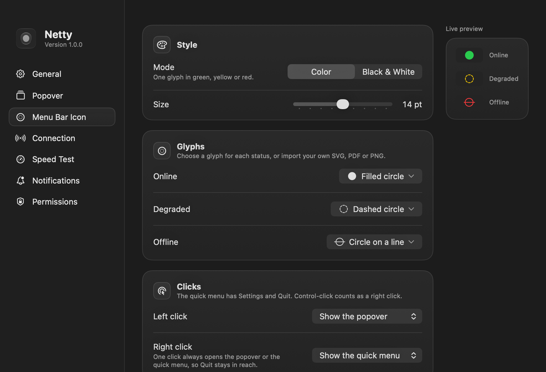 Settings, Menu Bar Icon: mode, size, a symbol per status and click actions beside a live preview