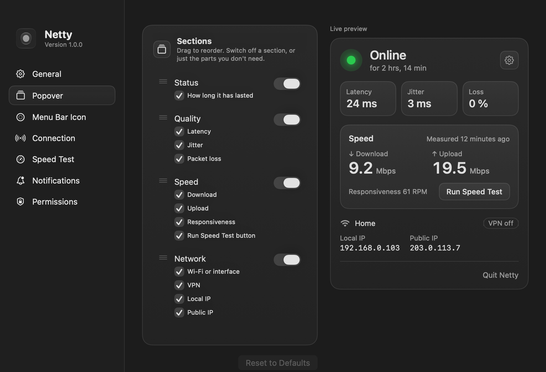 Settings, Popover: sections with switches and checkboxes beside a live preview of the popover